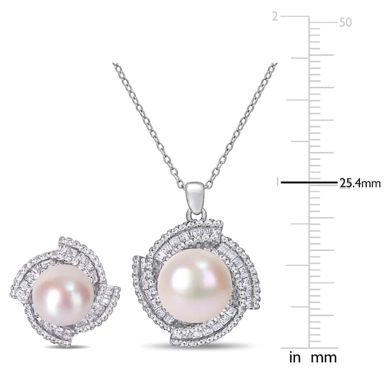 Miadora Sterling Silver Cultured FW Pearl and CZ Swirl Halo Necklace (9.5-12.5 mm)