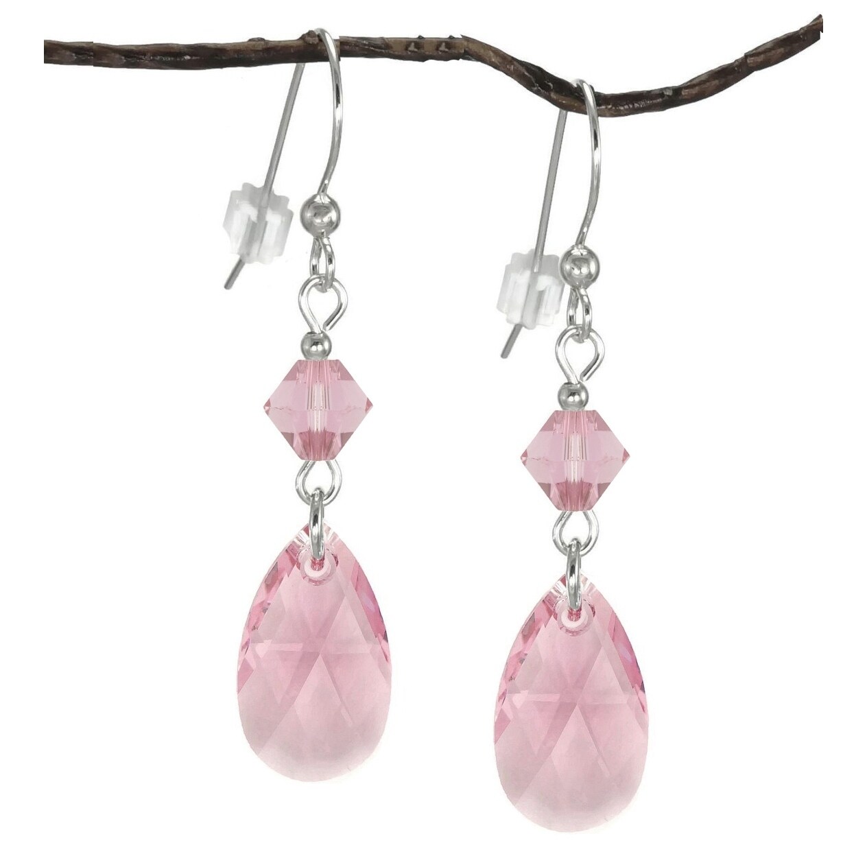 Briolette Drop Earrings with Pink & White Crystals in Sterling Silver Briolette Drop Earrings with Pink & White Crystals in Sterling Silver