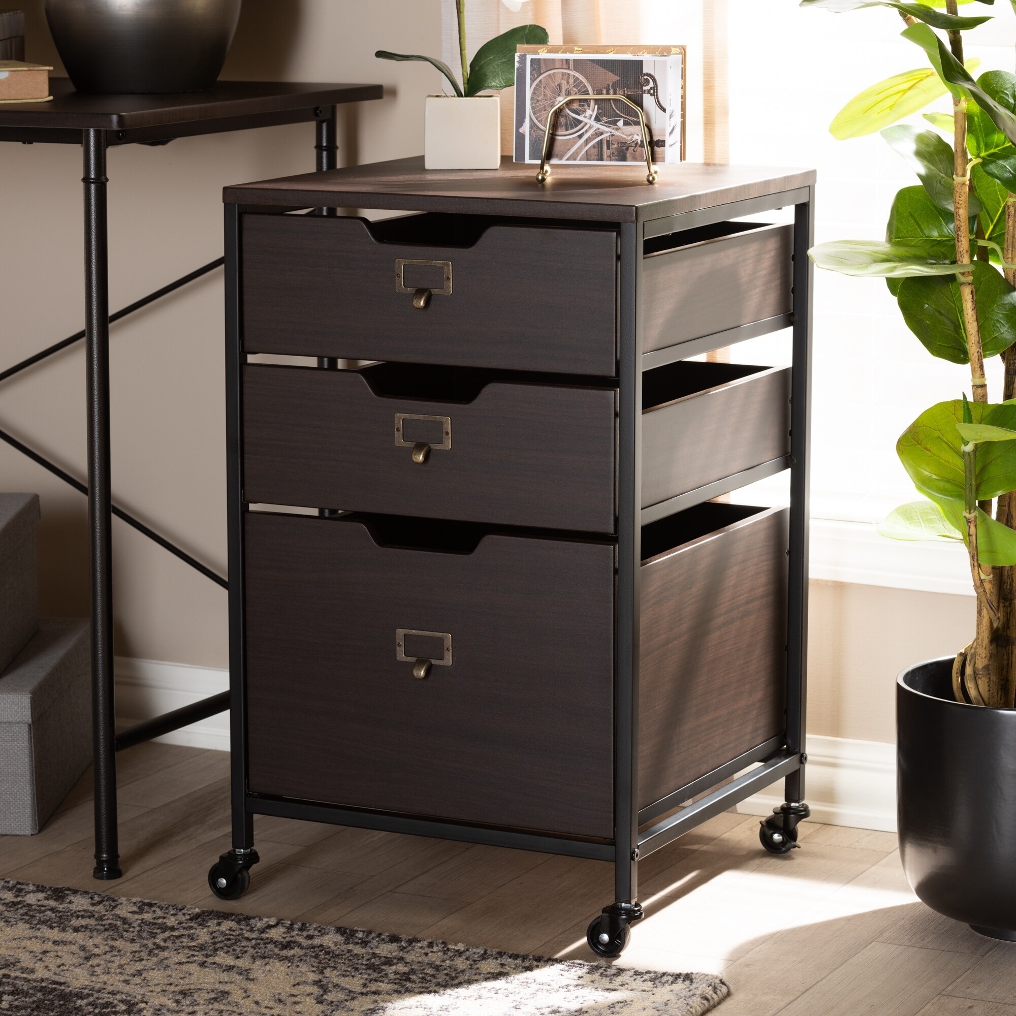 Shop Baxton Studio Espresso And Black 3 Drawer Contemporary Mobile File Cabinet On Sale Overstock 27735841