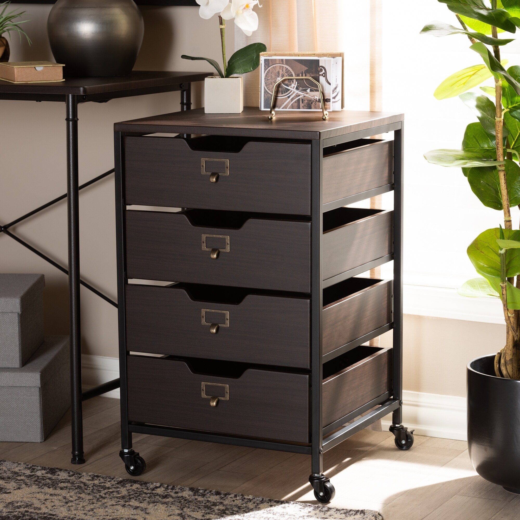 Shop Baxton Studio Contemporary Espresso And Black 4 Drawer Mobile File Cabinet Overstock 27735852