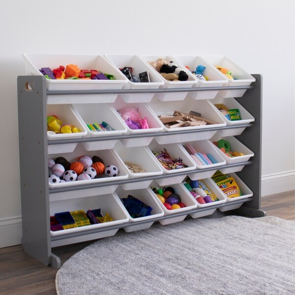 grey and white storage bins