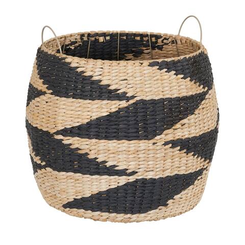 Handwoven Cattail and Paper Zig Zag Barrel Basket. 17.3 H x 18 D - 18'' x 18'' x 17.3