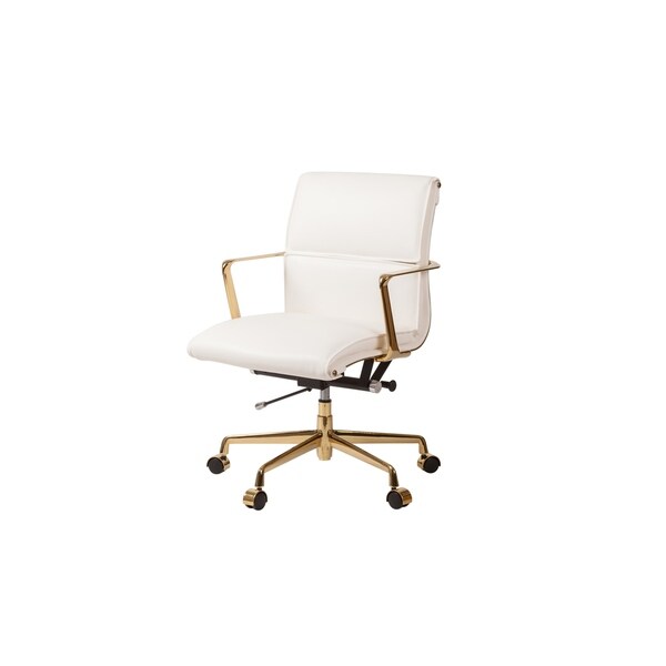 Golden Mid-Century Modern Office Chair with Gold Base, White Leather