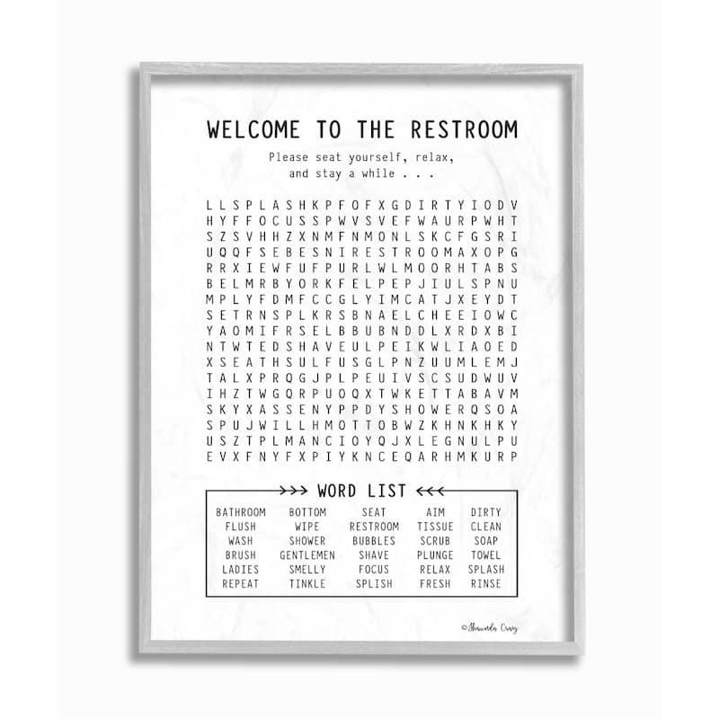 The Stupell Home Decor Black and White Restroom Crossword Puzzle Sign