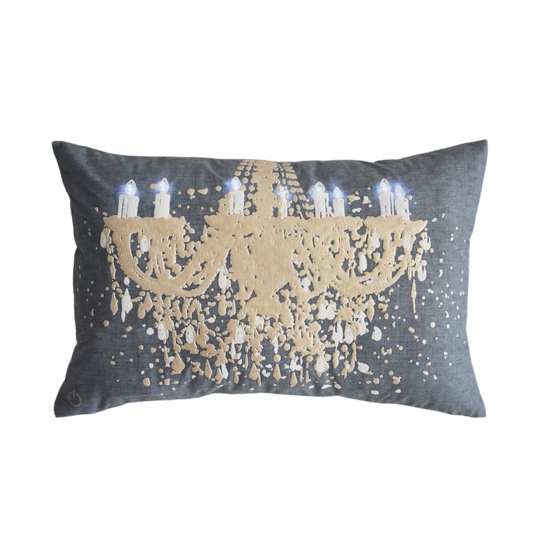 Cobalt Blue and Brass Illuminated Chandelier Decorative Pillow
