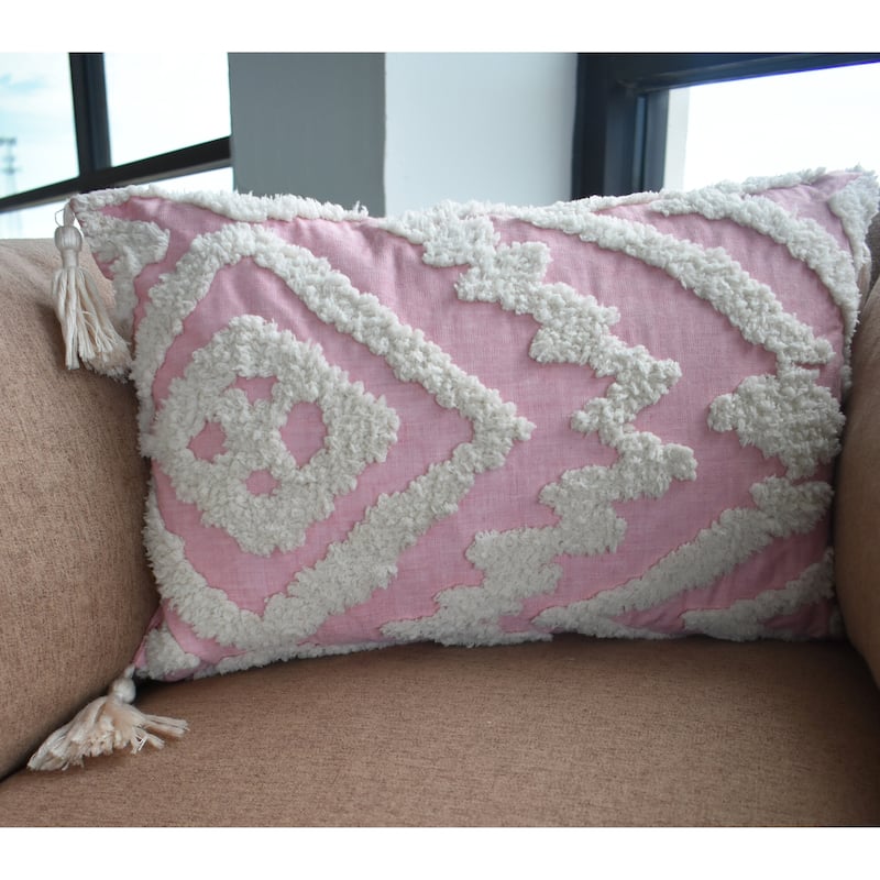 Cording Pink Woven Geometric Embroidery Accent Pillow