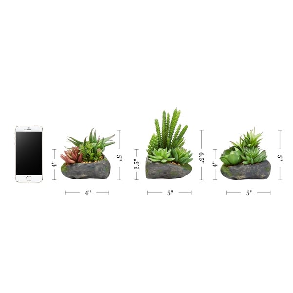 Artificial Succulent Plant Arrangements in Faux Stone Pots- 3 Piece Set in Assorted Sizes, Lifelike Greenery by Pure Garden