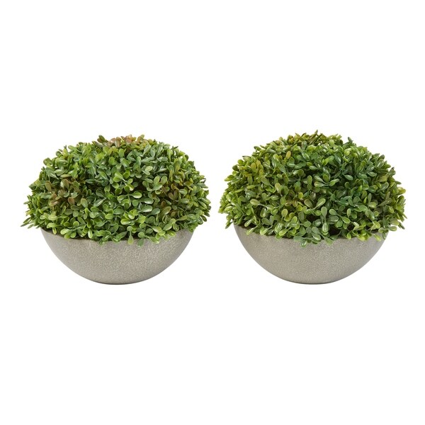 Faux Boxwood- Set of 2 Matching Realistic 6" Tall Topiary Arrangements in Decorative Stone Bowls by Pure Garden. Opens flyout.