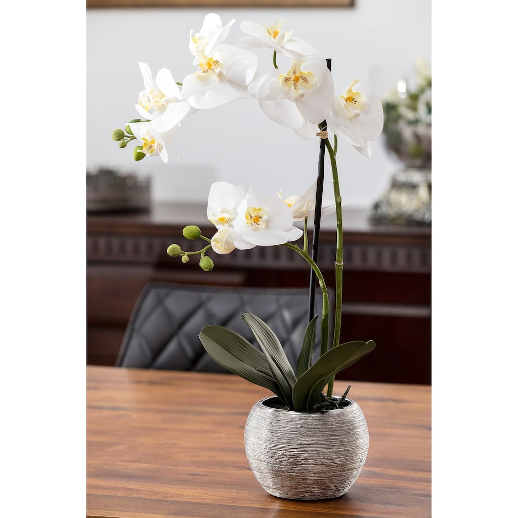 Premium Artificial White Orchid Phalaenopsis Including Textured Metallic-Silver Vase, 24 Inch