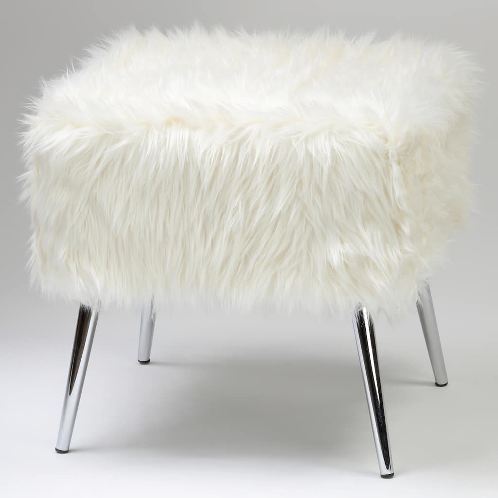 Cortesi Home Olivia White Imitation Fur Ottoman, 20"