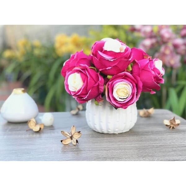 Enova Home Artificial Open Rose Flower Arrangements With White Ceramic Vase