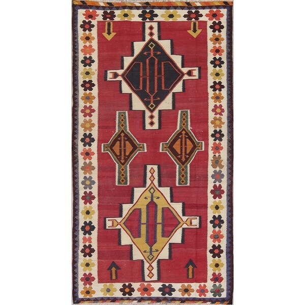 Kilim Shiraz Geometric Hand-Woven Wool Persian Oriental Rug - 8'2" x 4'2" Runner