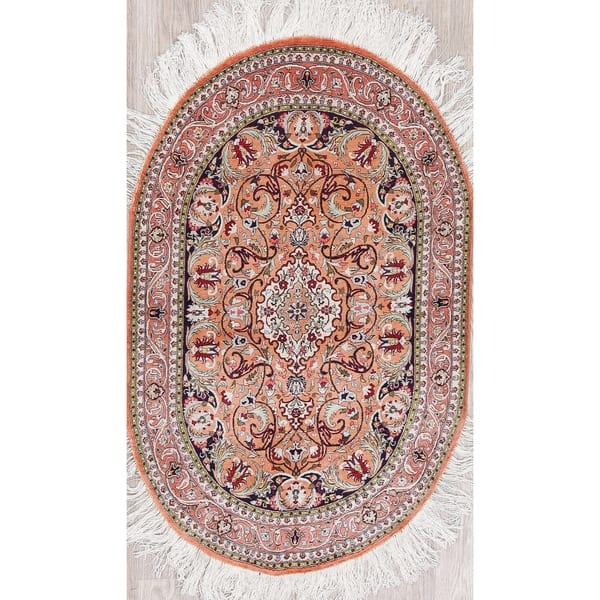slide 1 of 12, Antique Hereke Geometric Hand-Knotted Silk Turkish Oriental Rug - 4'2" x 2'8" Oval