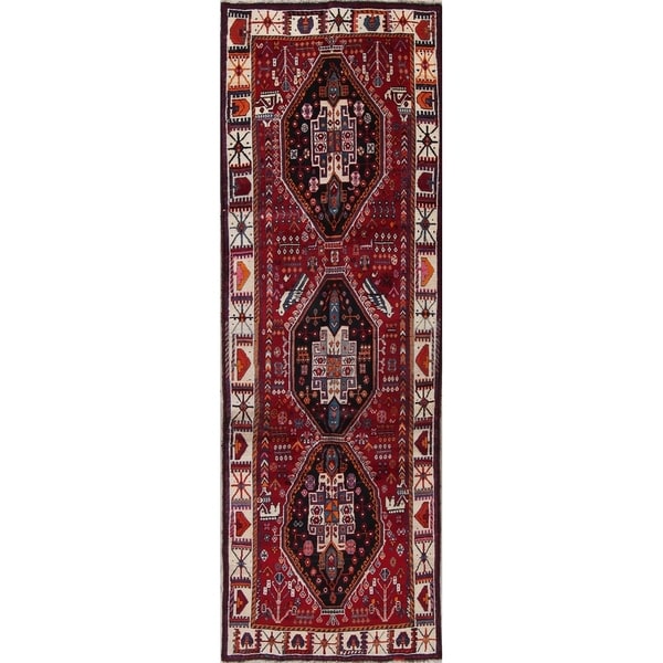Shiraz Tribal Geometric Hand-Knotted Wool Persian Oriental Rug - 9'7" x 3'6" Runner