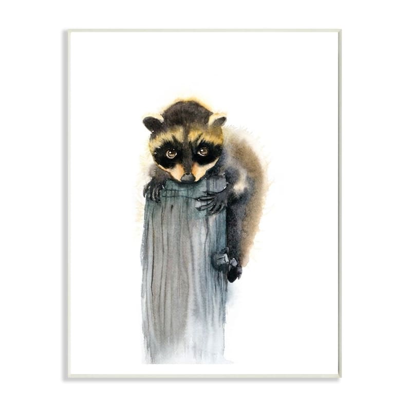 Stupell Neutral Watercolor Baby Raccoon on a Post, 10 x 15, Proudly Made in USA