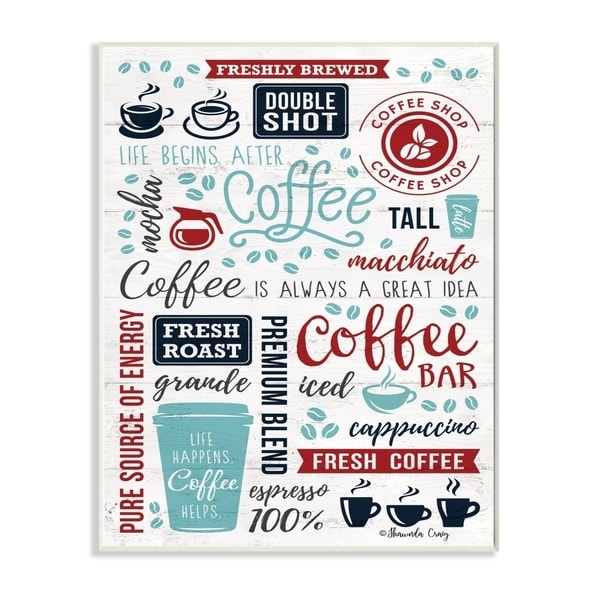 The Stupell Home Decor Blue and Red Coffee Collage Words with Cups and Beans, 12 x 18, Proudly Made in USA - 12 x 18