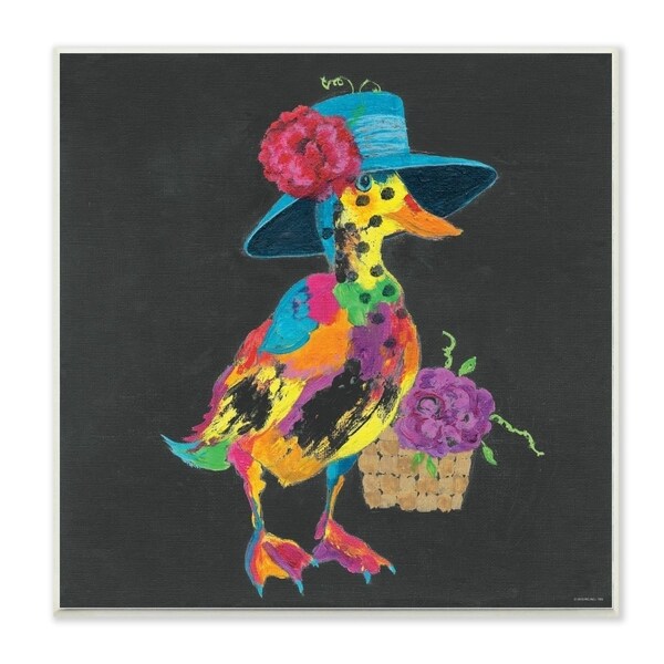 The Stupell Home Decor Playful Duck with Hat Rainbow Textural Chalk Drawing, 12 x 12, Proudly Made in USA - 12 x 12