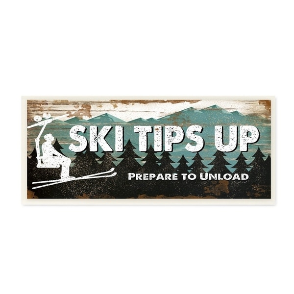 The Stupell Home Decor Blue and White Ski Tips Up Prepare to Unload Rustic Wood Look Lift Sign, 7 x 17, Proudly Made in USA