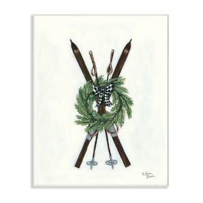 Stupell Minimal Rustic Skis Illustration with Gingham Wreath, 12 x 18, Proudly Made in USA - 12 x 18