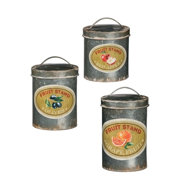 Rustic Apple, Olive, & Grape Fruit Oval Canisters - Set of 3 - 7, 7, 7"L x 5, 5, 5"W x 12, 10.5, 9"H