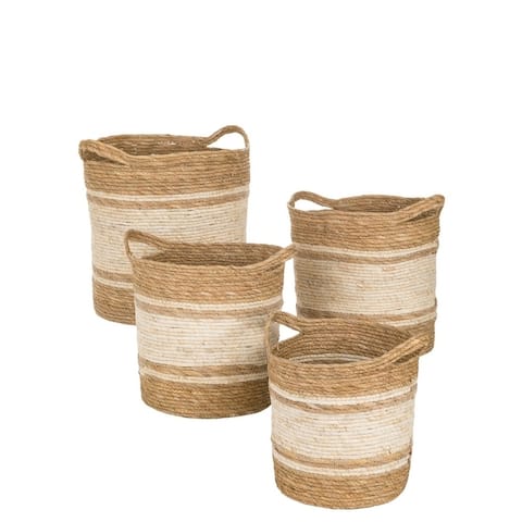 Sullivans Handled Woven White & Natural Round Baskets - Set of 4 - 20,17,16,14"Lx16,14,13.5,12"Wx18,15.5,14.5,13.5"H