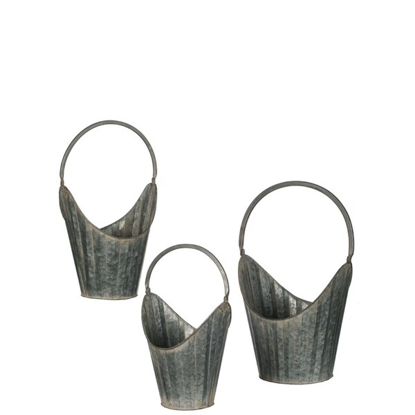 Ribbed Metal Handled Baskets - Set of 3 - 13,10.75,9.5"Lx9.75,8.25,7.25"Wx12,9.5,10"H
