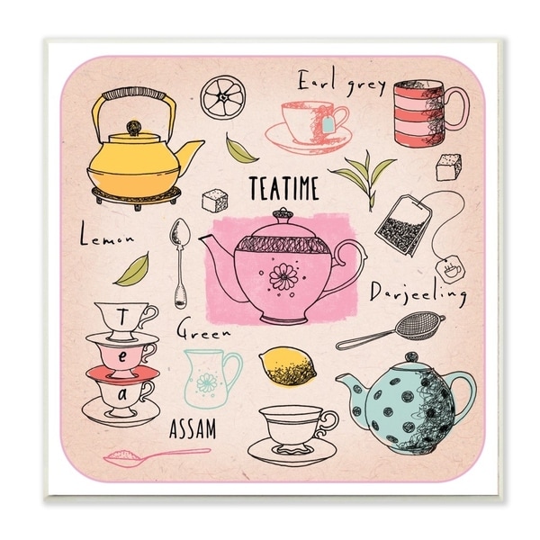 The Stupell Home Decor Teatime Tea Lover Cups Spoons Pots Pastel Line Drawing Doodles, 12 x 12, Proudly Made in USA - 12 x 12