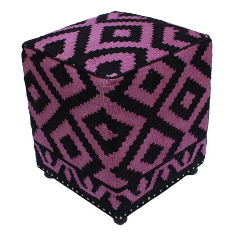 Sharkey Black/Purple Handmade Kilim Upholstered Ottoman 16"x16"x20"