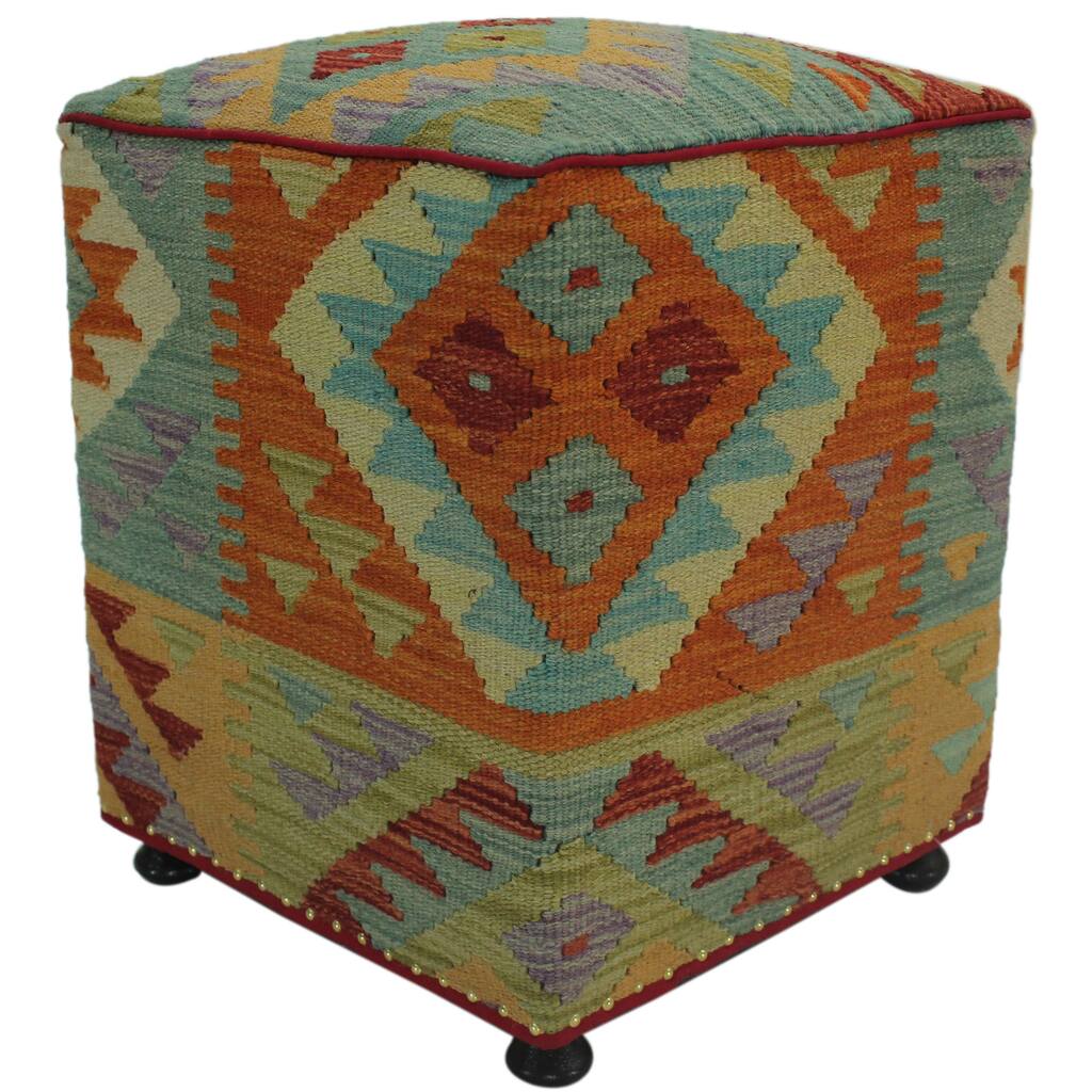 Castella Rust/Green Handmade Kilim Upholstered Ottoman 16"x16"x20"
