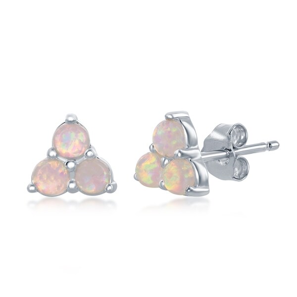 La Preciosa Created White Opal Triangle Triple Cluster Silver/14 Rose Gold  Plated Sterling Silver Stud Earrings