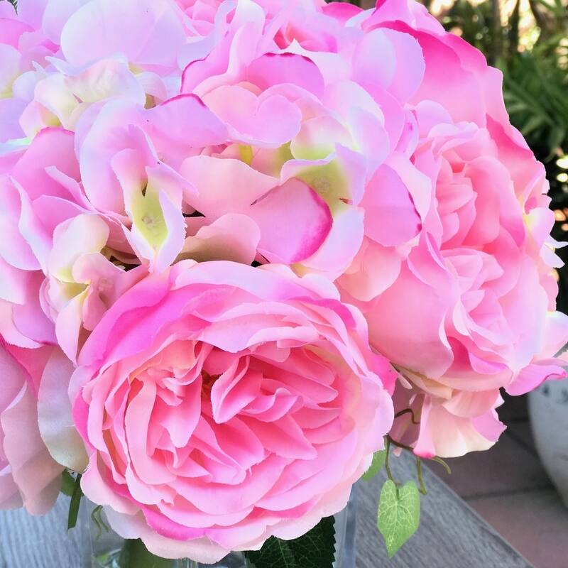 Enova Home Artificial Pink Fake Silk Peony and Hydrangea Mixed Faux Flowers Arrangement with Clear Glass Vase for Home Decor