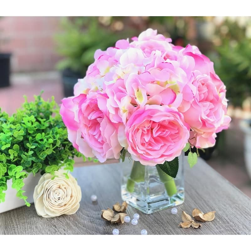 Enova Home Artificial Pink Fake Silk Peony and Hydrangea Mixed Faux Flowers Arrangement with Clear Glass Vase for Home Decor