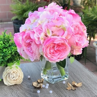 Enova Home Artificial Pink Fake Silk Peony and Hydrangea Mixed Faux Flowers Arrangement with Clear Glass Vase for Home Decor