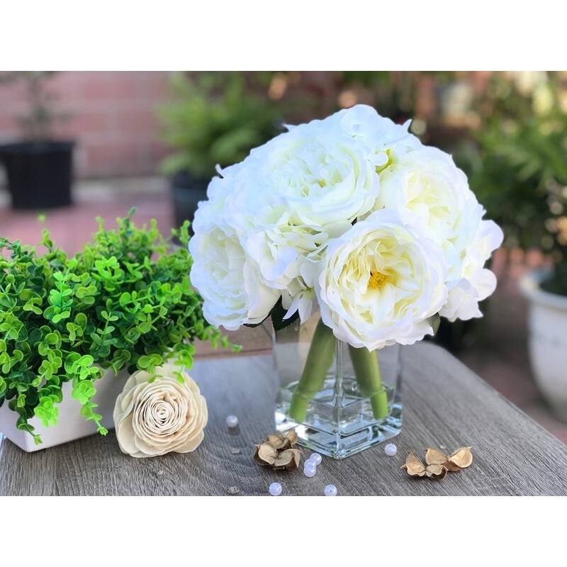 Enova Home Artificial Cream Fake Silk Peony and Hydrangea Mixed Faux Flower Arrangement in Clear Glass Vase with Faux Water
