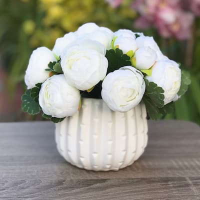 Enova Home Cream Artificial Ranunculus Flower Arrangement With Ceramic Vase