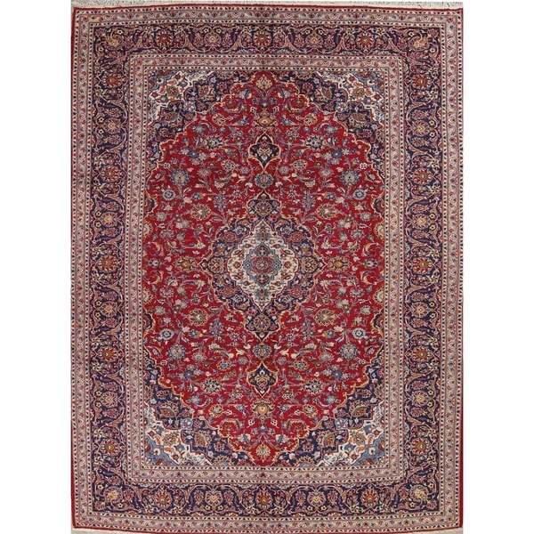 Kashan Floral Medallion Traditional Hand-Knotted Wool Persian Area Rug - 13'6" x 9'8"