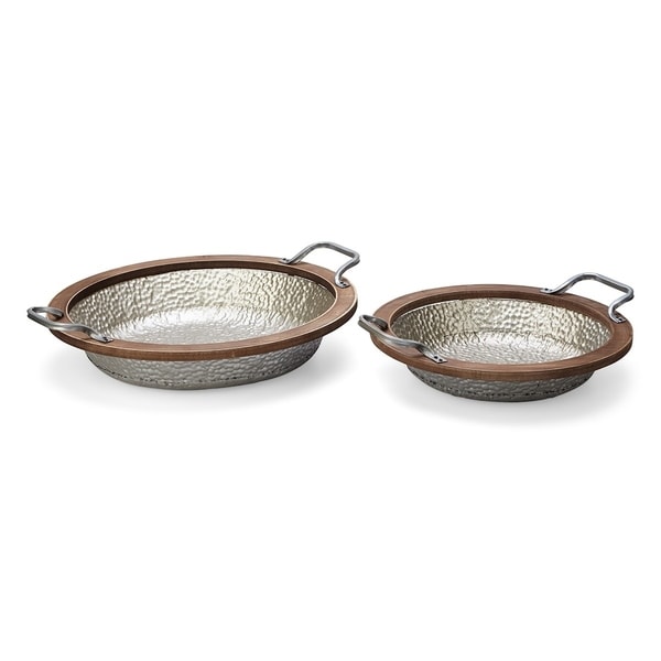 Yoshi Round Wooden Framed Metal Trays - Set of 2