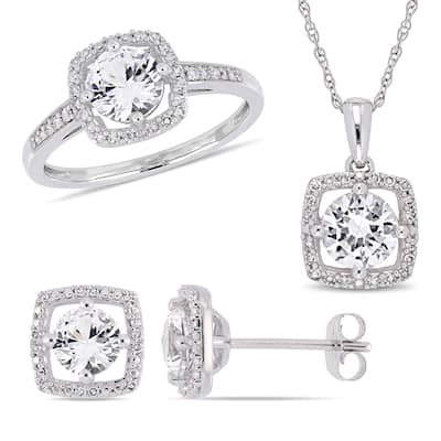 Miadora 10k White Gold Created White Sapphire and 1/3ct TDW Diamond Floating Halo Jewelry Set