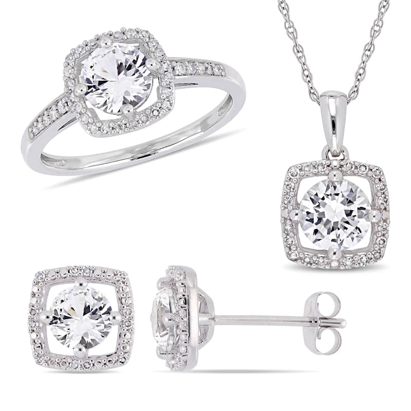 Miadora 10k White Gold Created White Sapphire and 1/3ct TDW Diamond Floating Halo Jewelry Set