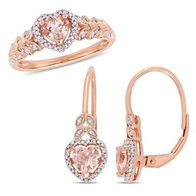 Miadora 10k Rose Gold Morganite and 1/10ct TDW Diamond Heart Halo Jewelry Set