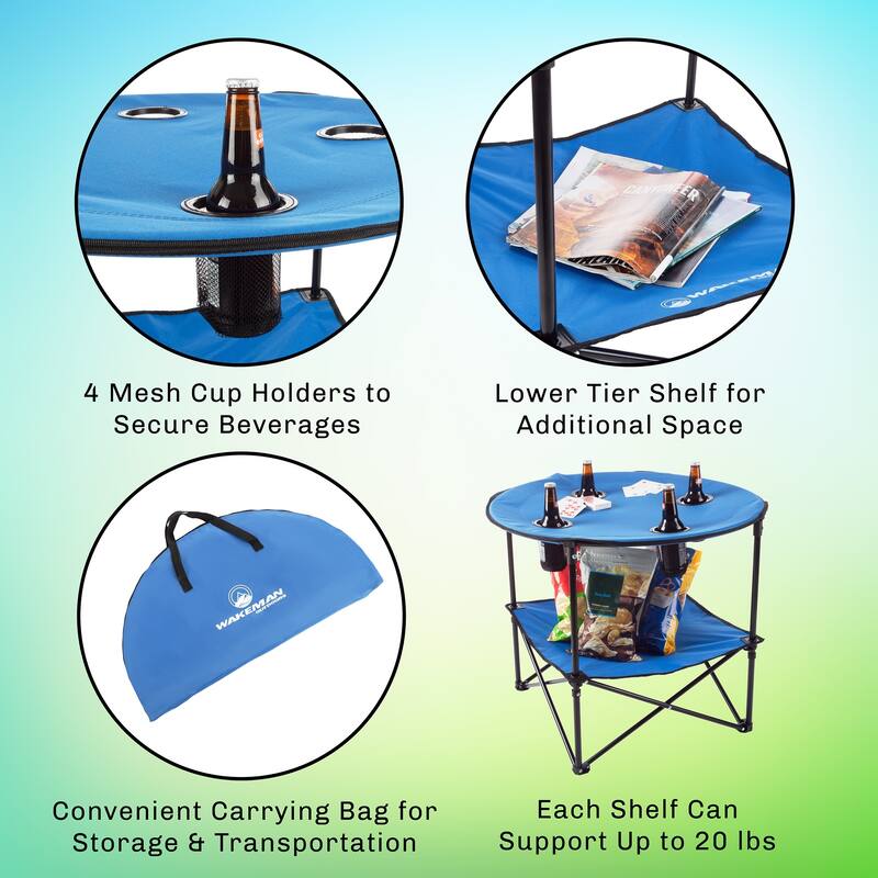 Round 2-Tier Camp Folding Table- 4 Cupholders, Carrying Bag-For Camping, Beach, Picnic, Sporting Events by Wakeman Outdoors
