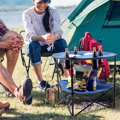 Round 2-Tier Camp Folding Table- 4 Cupholders, Carrying Bag-For Camping, Beach, Picnic, Sporting Events by Wakeman Outdoors