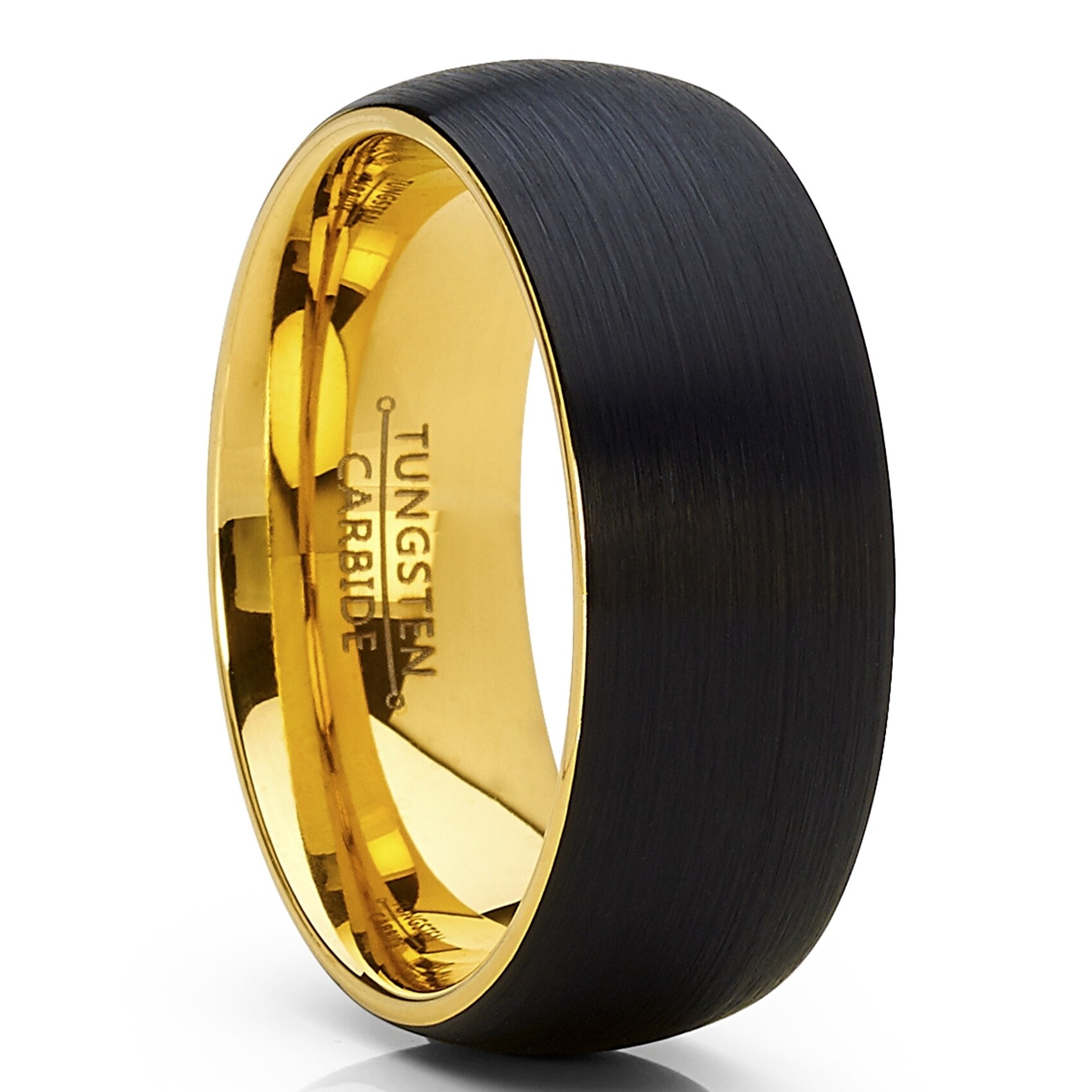 Yellow Gold Mens Wedding Band Tungsten Ring 8mm Black and Gold Ring Unique Black Tungsten Rings for Men 14K Gold Wedding Band Mens Ring