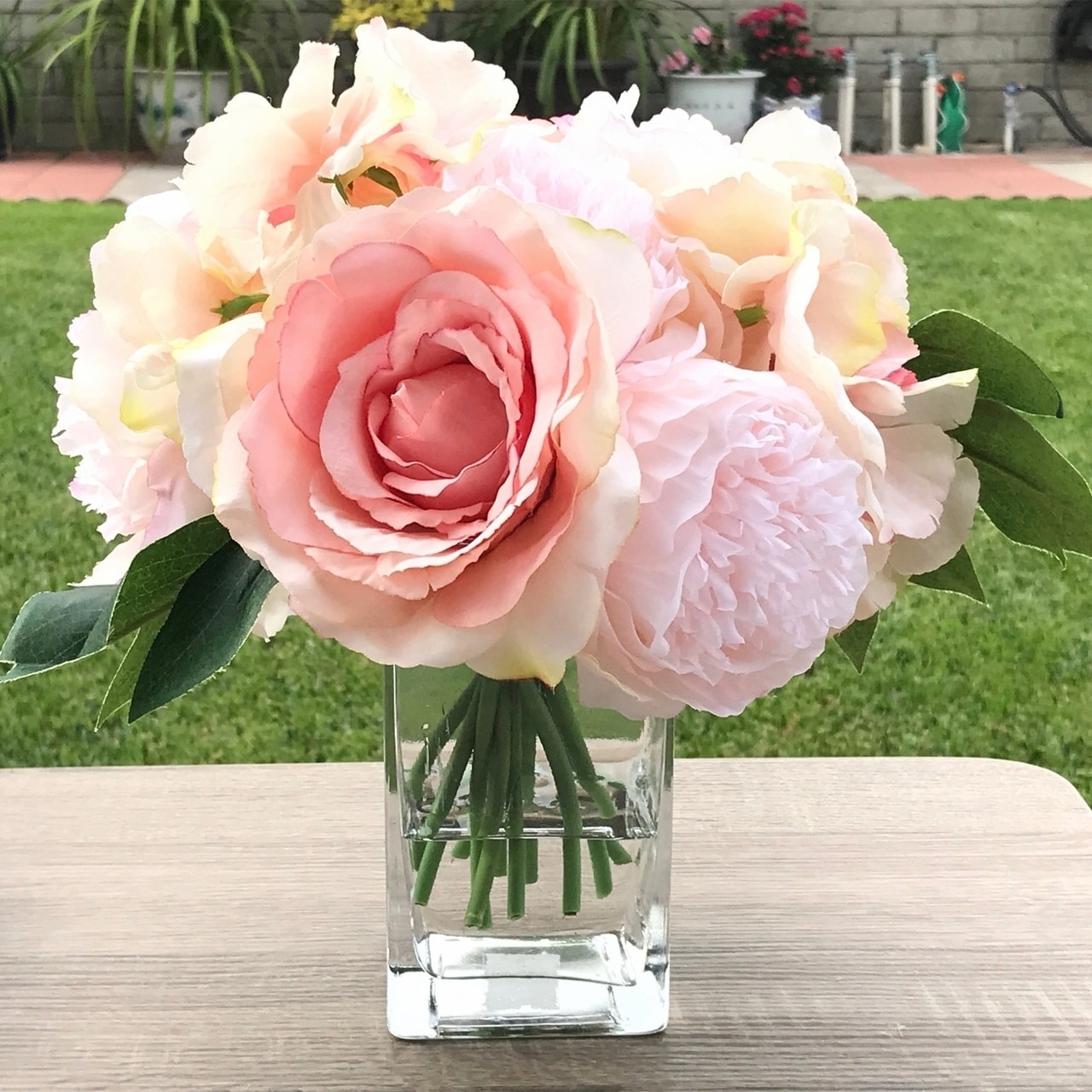 Enova Home Pink Peony Rose And Hydrangea Mixed Faux Flower Arrangement With Clear Glass Vase Overstock 27784366