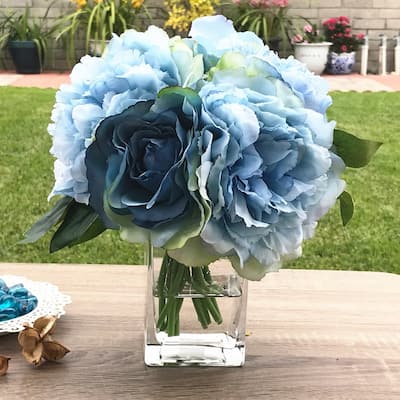 Enova Home Artificial Flowers Fake Silk Blue Peony Roses and Hydrangea Mixed Faux Flower Arrangement With Clear Glass Vase