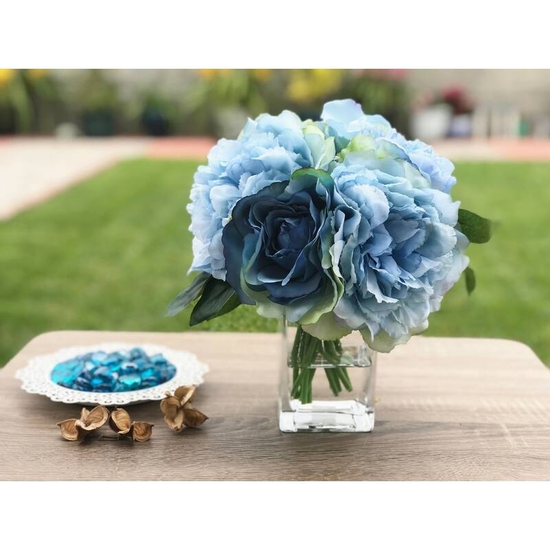 Enova Home Artificial Flowers Fake Silk Blue Peony Roses and Hydrangea Mixed Faux Flower Arrangement With Clear Glass Vase