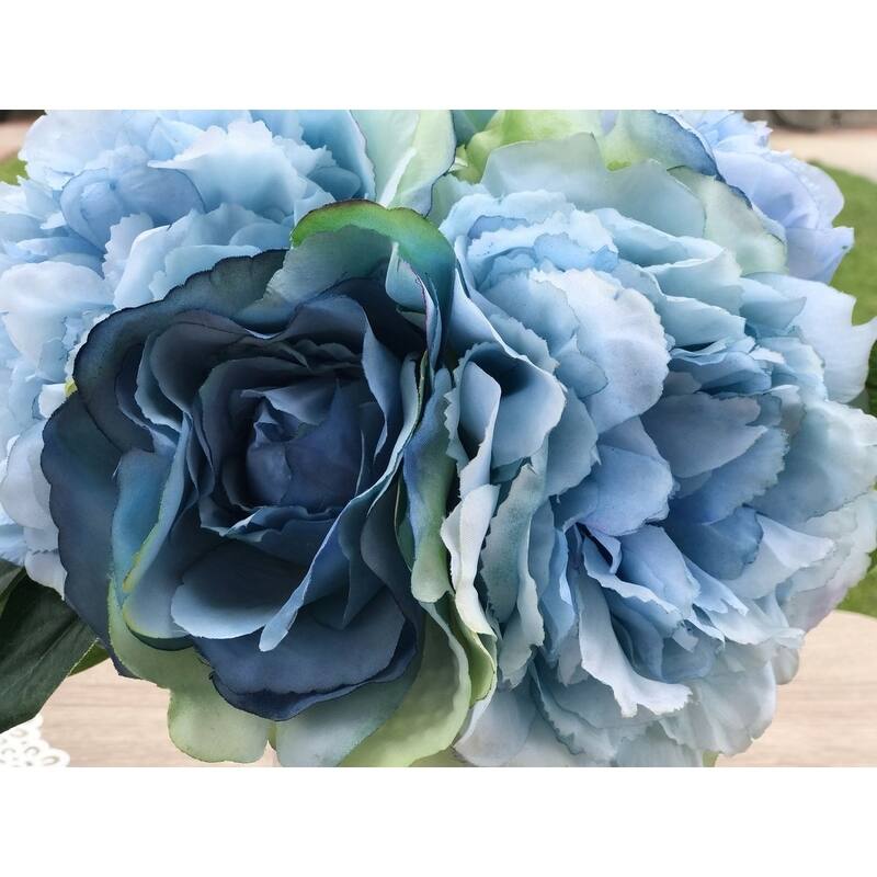 Enova Home Artificial Flowers Fake Silk Blue Peony Roses and Hydrangea Mixed Faux Flower Arrangement With Clear Glass Vase