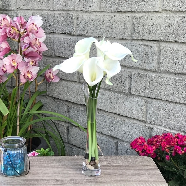 Enova Home Cream Velet Lily Faux Flower Arrangements With Clear Glass Vase