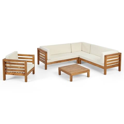Oana Outdoor 6 Seater Acacia Wood Sectional Sofa and Club Chair Set by Christopher Knight Home