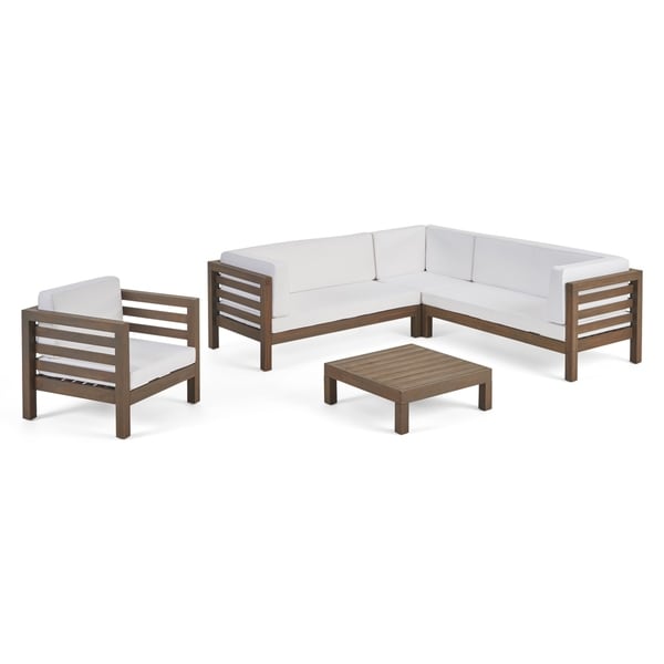 Oana Outdoor 6 seat Acacia Sectional Sofa Club Chair Set by